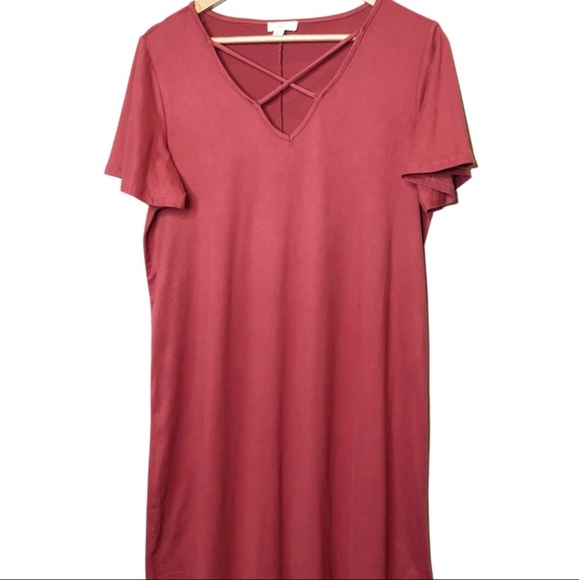 Charming Charlie Rusted Burgundy Short Sleeve V-neck Lace Cross Shirt Dress - Picture 3 of 16